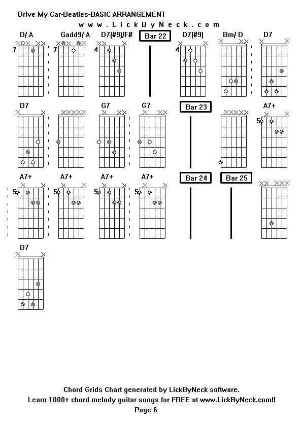 Chord Grids Chart of chord melody fingerstyle guitar song-Drive My Car-Beatles-BASIC ARRANGEMENT,generated by LickByNeck software.